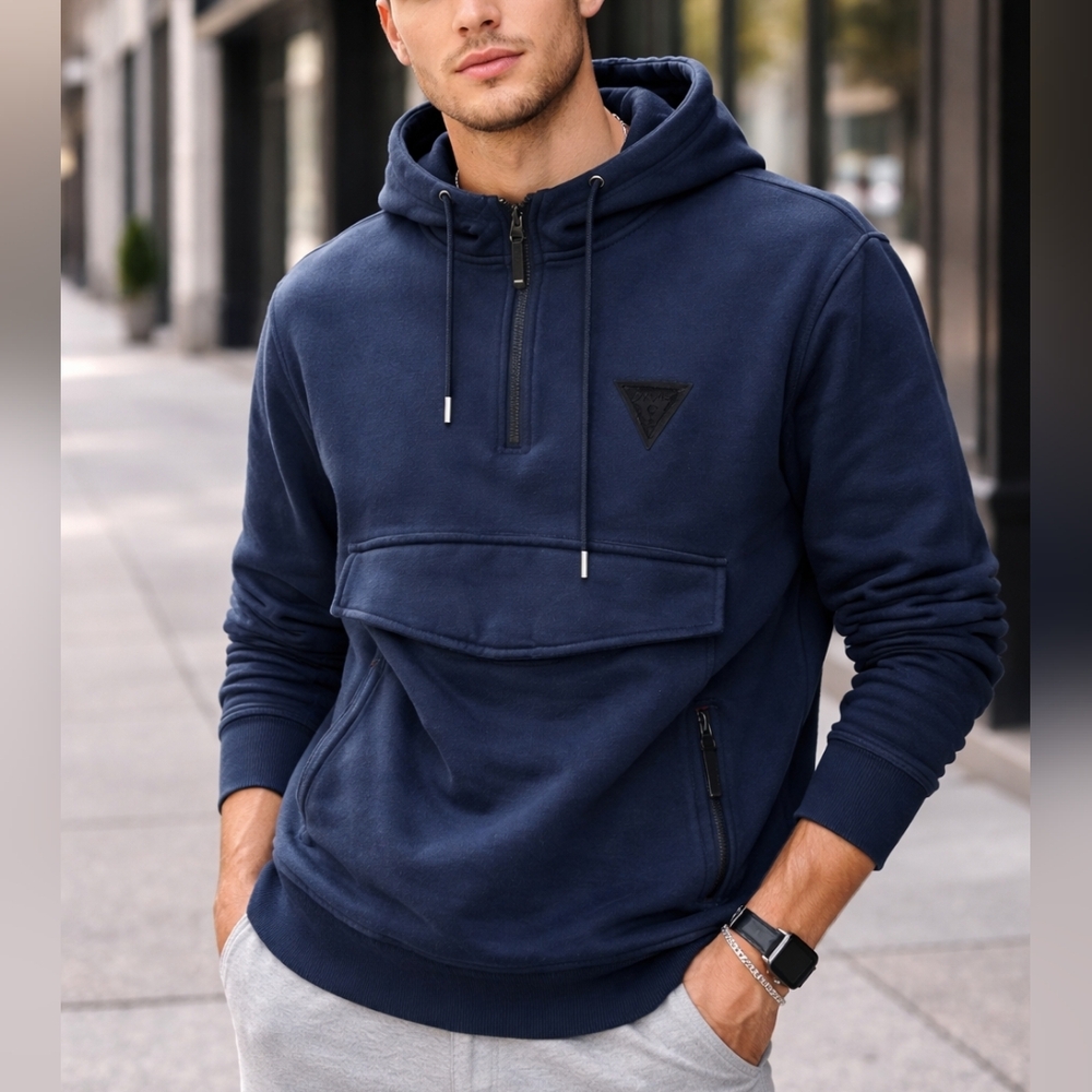 Guess Dark Blue Hoodie Size M Cotton Regular Fit Half Zip Pullover Streetwear